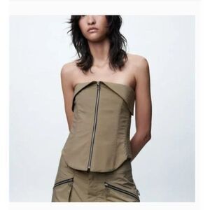 Zara Womans Blouse Bustier Top XS Bloggers fave Tan Khaki Strapless 2287/346 NWT